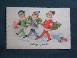 Képeslap,litho,grafika,művészet,gyerek modell,kislány,virág,gomba,ünnep,újévi,1920-