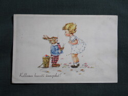 Képeslap,grafikai,művészet,gyerek modell,kislány,nyúl,ünnep,húsvéti,1940-