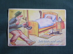 Képeslap,Kaszás Jámbor grafika,humor,vicc,alkohol,részeg,Jobb későn mint soha,1940-