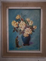 Flower Still Life with Statue, Old Oil Painting with 'Perlrott' Marking