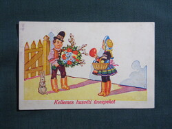Képeslap,grafikai,művészet,gyerek modell,kisfiú,kislány,nyúl,népviselet,virág,ünnep,húsvét,1930-