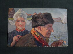 Képeslap,A. Klingner grafika,művészet,gyerek modell,kislány,halász,Holland népviselet,1917-