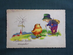 Képeslap,litho,grafika,művészet,gyerek modell,kisfiú,csibe,ünnep,húsvét,1920-