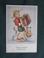 Képeslap,grafikai,művészet,gyerek modell,kisfiú,virág,kutya,hangszer,harmonika,ünnep,szülinapi,1940-