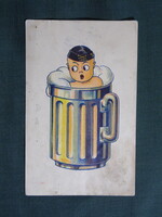 Képeslap,litho,Altai S. grafika,Soproni diákéletből,Keresztelő,gyerek modell,kisfiú,söröskorsó,1930-