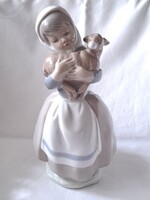 Ritka, nagy méretű NAO by Lladro juhászleány / kislány báránnyal porcelán figura