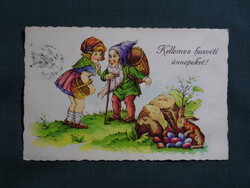 Képeslap,litho,grafikai,művészet,gyerek modell,kislány,nyúl,törpe,manó,ünnep,húsvéti,1930-