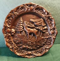 Bronzirozott falidisz: Erdő részlet szarvassal / kb. 17 cm /.