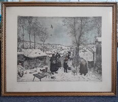 Würtz Ádám - Disznóölés- festett rézkarc
