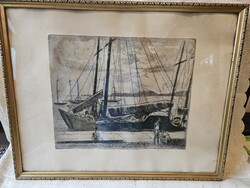 Breznay József Balatoni vitorlások rézkarc