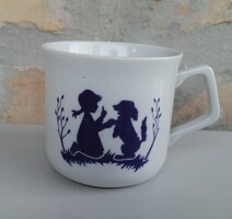 Zsolnay gyerek bögre _ Lila sziluettes kisfiú, kislány, kutya, őzike