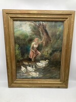 Wosinsky Kázmér (1895, Kismarton – 1967, Sopron): Girl on Lake Fertő, oil on canvas, signed