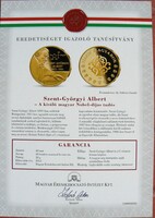"NAGY MAGYAROK" SOROZAT, SZENT-GYÖRGYI ALBERT ARANYOZOTT EMLÉKÉREM CERTIFIKÁTTAL 2012. (40 mm, 28 g)