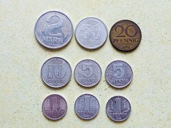 Németország NDK 9 db Különböző Érme 1 5 10 20 50 Pfennig 2 Márka 1958-1981