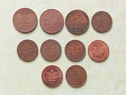 Németország NSZK 10 db Különböző Érme 1 2 Pfennig 1950-1994