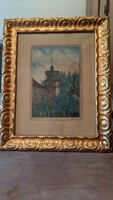 Art Deco Watercolor Landscape in Gilded Frame