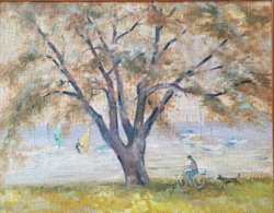 Vincze Győző (1925-2001)  Balatonpart Kikötő . c.Képcsarnokos festménye EREDETI GARANCIÁVAL !