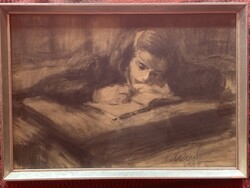 Sketch of girl writing in a diary - charcoal drawing