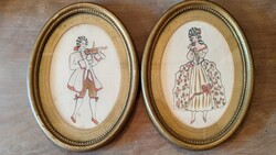 Two bucolic, silk-painted Rococo figures in a patinated oval frame