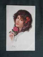 Képeslap,B. Dietze grafika,művészet,lány rózsával,virág,hölgy,női modell,1914-
