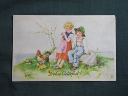 Képeslap,grafikai,művészet,gyerek modell,kislány,kisfiú,tyúk,csibe,ünnep,húsvét,1930-