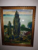 Illés Árpád (1908-1980) : Balatoni öböl - régi festmény, ajánlással, Fischer Annie részére.