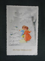 Képeslap,grafika,művészet,gyerek modell,kislány,angyal,ünnep,karácsonyi, 1950-