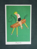 Képeslap,Réber László grafika,művészet,humor,vicc,sport,lámpaláz,1957-