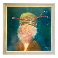 Győrfi András (1964): Szürreális portré (Ágas-bogas kalapú szakállas férfi) – korai, ritka főmű,1991