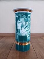 Hollóházi porcelán Szász Endre zöld nagy váza