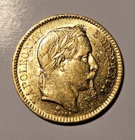 Napoleon III (Téte laurée - babérkoszorús fejű típus) 20 frank aranyérme 1864