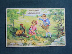 Képeslap,Elly Frank grafika,művészet,gyerek modell,kisfiú,kislány,kakas,csibe,ünnep,húsvéti,1930-