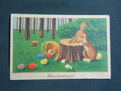 Képeslap,Réber László grafika,művészet,nyúl,ünnep,húsvéti,1957-