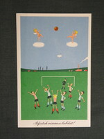 Képeslap,Réber László grafika,művészet,humor,vicc,sport,Adjátok vissza a labdát,1957-