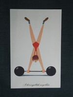 Képeslap,Réber László grafika,művészet,humor,vicc,sport,Könnyebbik megoldás,1957-