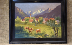 Antik olajfestmény alpesi falu tehenekkel kartonon Németország 1890–1900