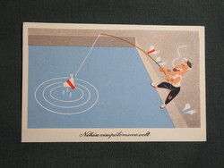 Képeslap,Réber László grafika,művészet,humor,vicc,sport,Nehéz vízipóló meccs volt,1957-