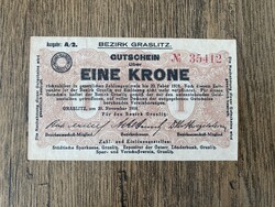 Csehszlovákia Graslitz 1 Korona 1918 UNC