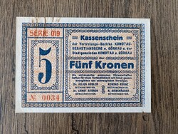 Csehszlovákia Komotau 5 Korona 1918 AUNC