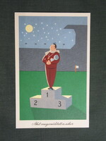 Képeslap,Réber László grafika,művészet,humor,vicc,sport,Akit megszéditett a siker,1957-