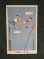 Képeslap,Réber László grafika,művészet,humor,vicc,sport,Lelkiismeretes edző,1957-