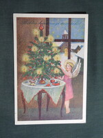 Képeslap,Bacsa János grafika,művészet,gyerek modell,kislány,angyal,ünnep,karácsony,1930-