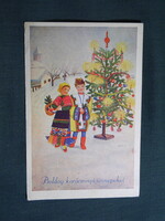 Képeslap,Bacsa János grafika,művészet,gyerek modell,kislány,kisfiú,népviselet,ünnep,karácsony,1930-