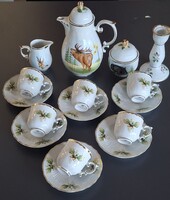 Rare Hollóházi Hunting Pattern Coffee Set, Hand-Painted and Gilded