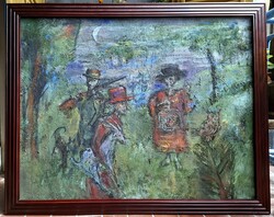 Tóth Ernő: Moonlight (oil on canvas 100x80 cm + custom frame) early masterpiece - Hunting at dusk, large size
