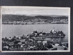 Antik képeslap Maria Wörth a Wörthi-tónál, panoráma a templommal, Ausztria 1930
