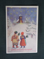 Képeslap,Bacsa János grafika,művészet,gyerek modell,kislány,kisfiú,népviselet,ünnep,karácsony,1930-