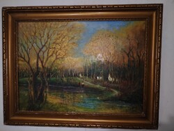 Herman Lipót (1884-1972): Autumn Lights/Riverside, Beautiful Vintage Oil Painting.