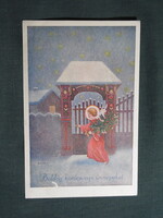 Képeslap,Bacsa János grafika,művészet,gyerek modell,kislány,angyal,ünnep,karácsony,1930-