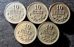 5 db 10 Fillér 1915 K·B tétel – I. Ferenc József, Magyar Királyi Váltópénz